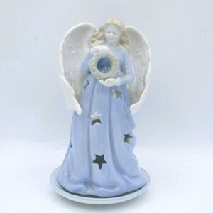 Russ Porcelain Angel Tealight Holder With Star Cutouts Wreath Design
